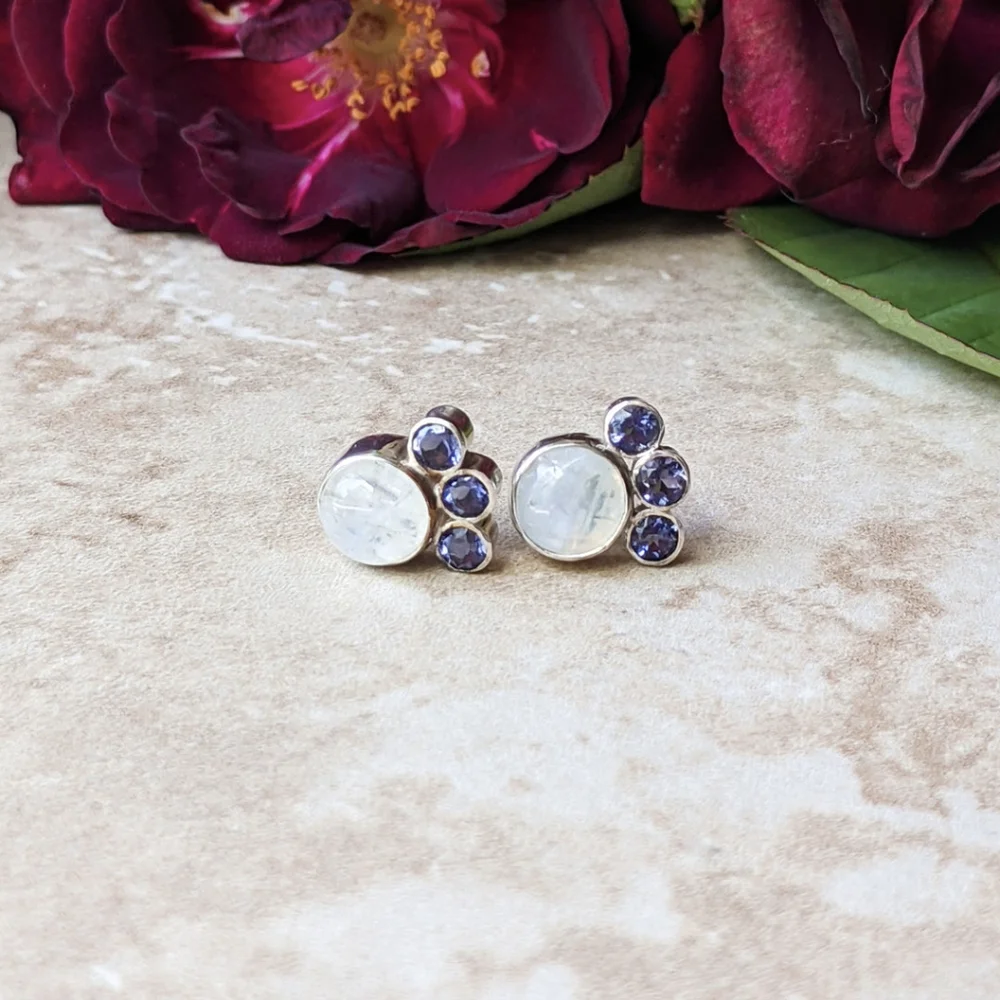 NWT Bentley & Lo Moonstone and Iolite Sterling Silver Fan Studs